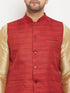 Vastramay Men's Maroon Matka Silk Nehru Jacket With Rose Gold Silk Blend Kurta and Pant style Pyjama Set